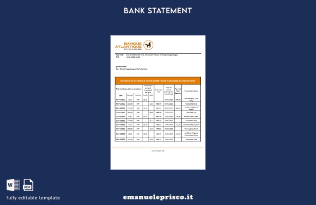 modello di estratto conto bancario Burkina Faso Banque Atlantique in stile verif