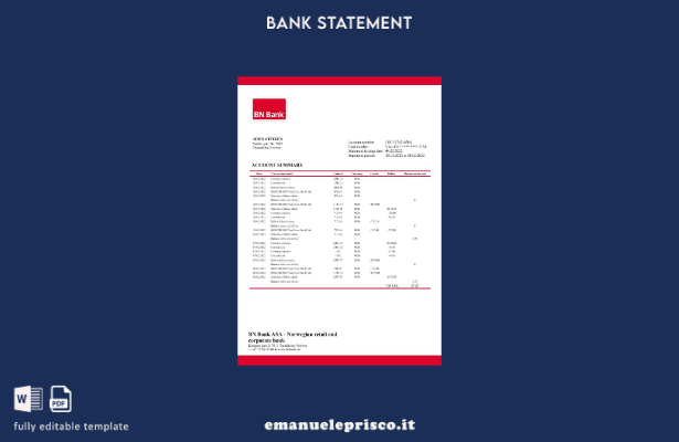 modello word di estratto conto bancario Norvegia BN in stile verificato