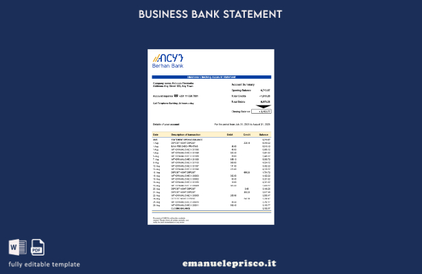 modello di estratto conto aziendale della banca Berhan in stile verificato Model