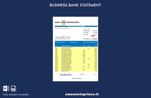 stile verificato Estratto conto aziendale Banca Transilvania Modello Word e PDF