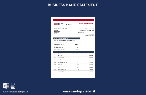 stile verificato Modello Word e PDF di estratto conto aziendale della Belfius Ba