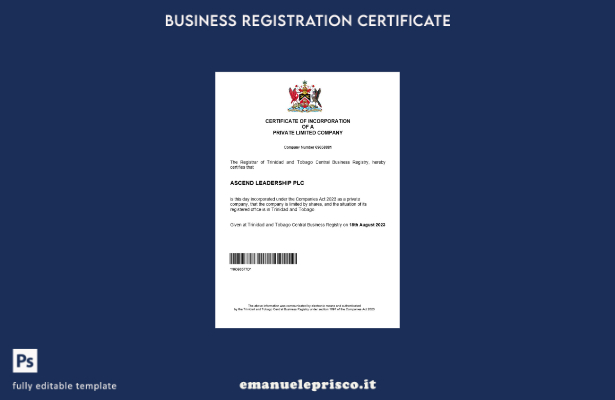 certificato di registrazione aziendale di Trinidad e Tobago in stile verificato