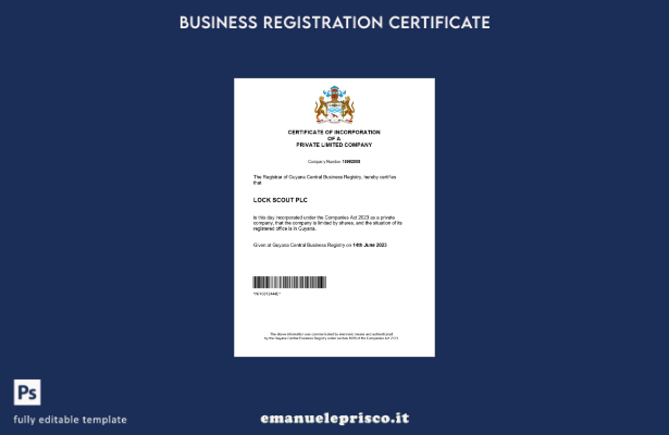 certificato di registrazione stile Guyana verificato Modello Word e PDF