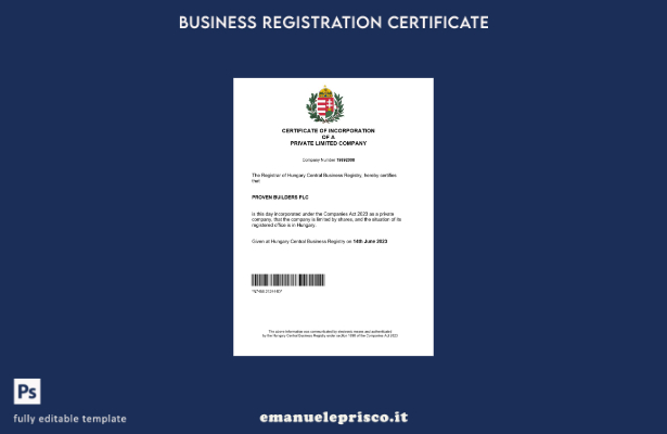 certificato di registrazione ungherese in stile verificato. Modello Word e PDF