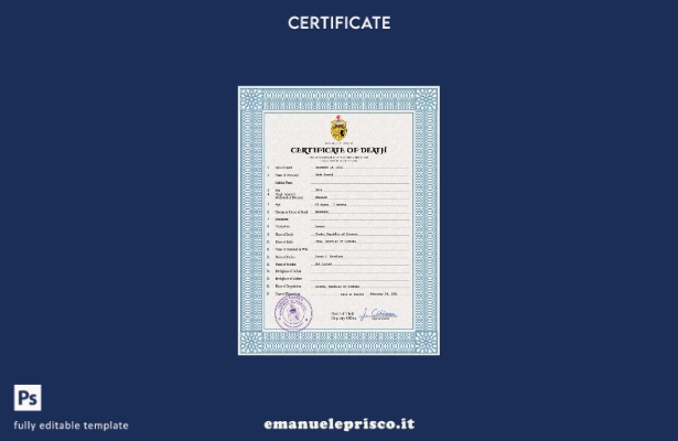 Modello PSD del certificato di morte del documento di stato civile della Tunisia