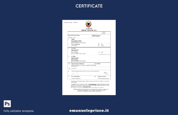 Modello Word e PDF del certificato di nascita dell'Albania in stile verificato