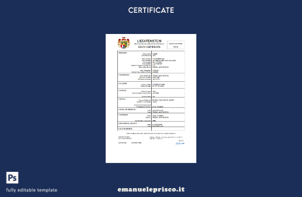 certificato di morte dello stato di stato del Liechtenstein in stile verificato