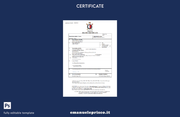 certificato di morte di Malta in stile verificato modello Word e PDF