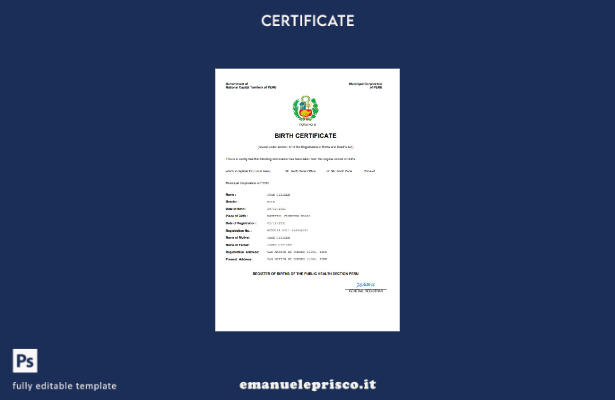 certificato di nascita del Perù in stile verificato modello Word e PDF