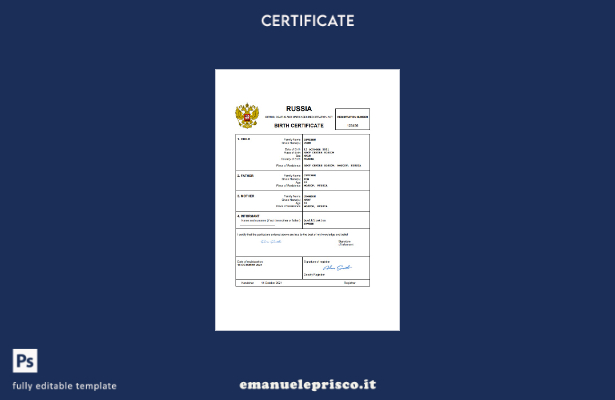 certificato di nascita dello stato civile russo in stile verificato Modello Word