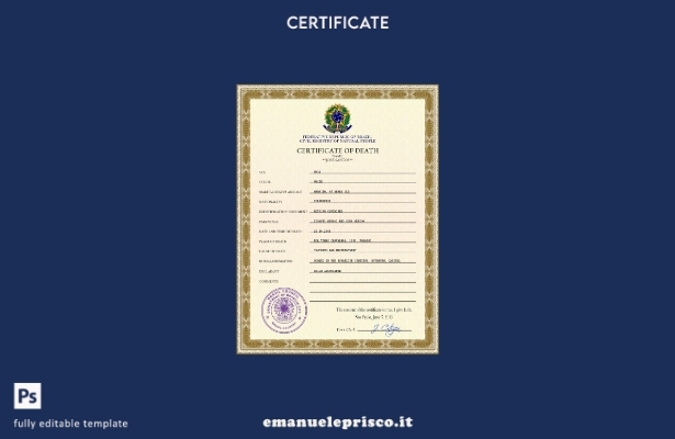 modello PSD del certificato di morte del Brasile in stile verificato