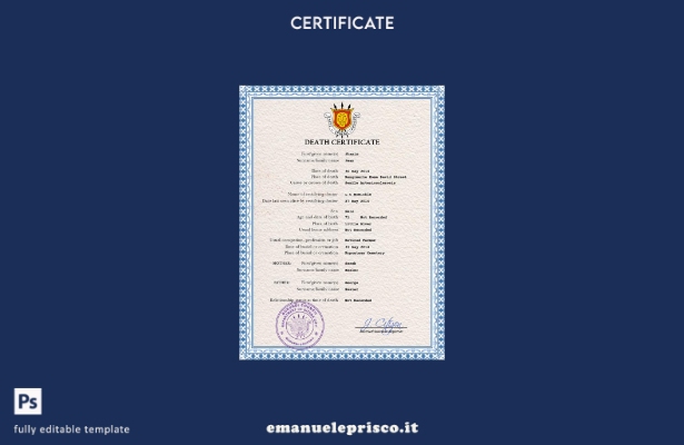 modello PSD del certificato di morte del documento di stato civile del Burundi i