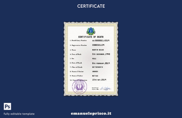modello PSD del certificato di morte del documento di stato civile del Cile in s