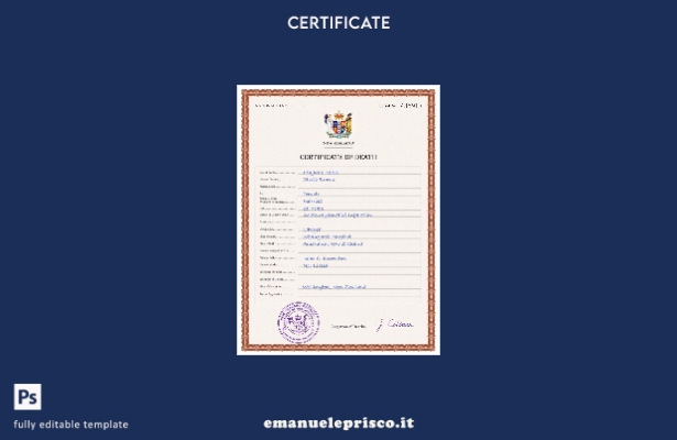 modello PSD del certificato di morte del documento di stato civile della Nuova Z