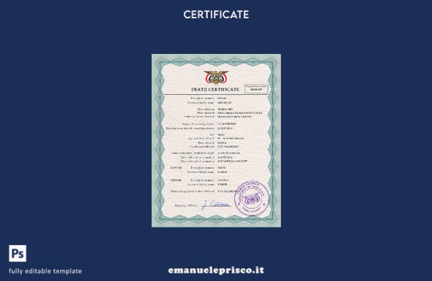 modello PSD del certificato di morte del documento di stato civile dello Yemen i