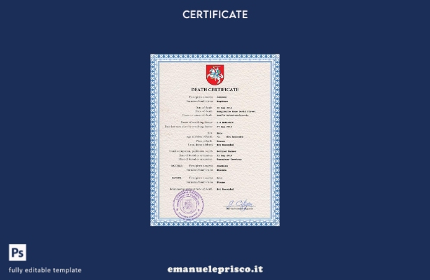 modello PSD del certificato di morte della Lituania in stile verificato