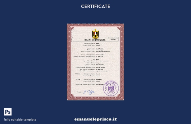modello PSD del certificato di morte egiziano in stile verificato