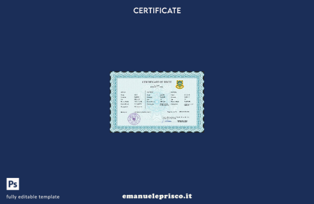 modello PSD del certificato di nascita dei documenti vitali di Tuvalu in stile v