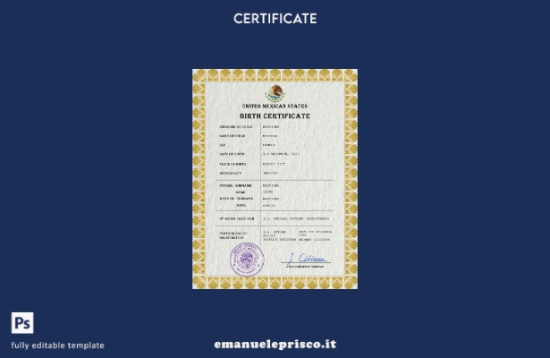 modello PSD del certificato di nascita del certificato di stato civile del Messi