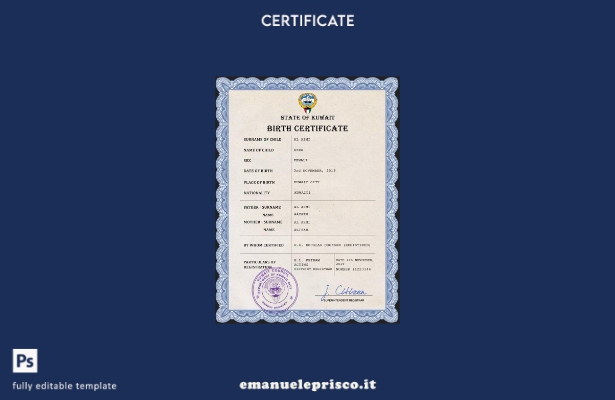 modello PSD del certificato di nascita del documento di stato civile del Kuwait