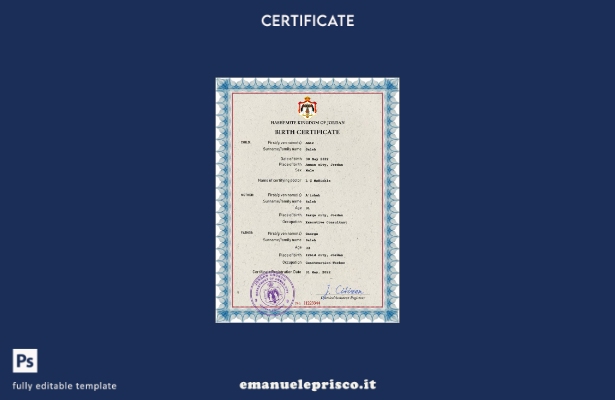 modello PSD del certificato di nascita del documento di stato civile della Giord