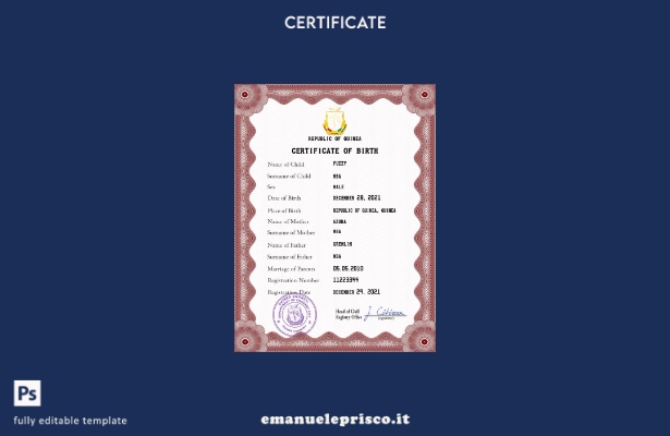 modello PSD del certificato di nascita del documento di stato civile della Guine