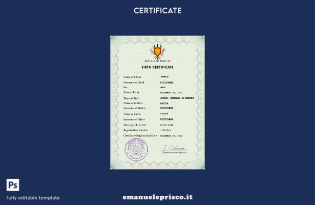 modello PSD del certificato di nascita dello stato civile del Burundi in stile v