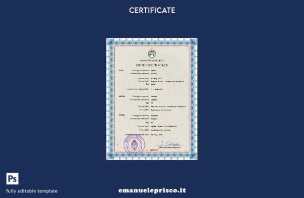 modello PSD del certificato di nascita dello stato civile dell'Argentina in stil