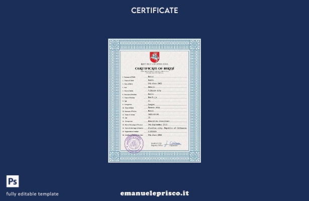 modello PSD del certificato di nascita dello stato civile della Lituania in stil