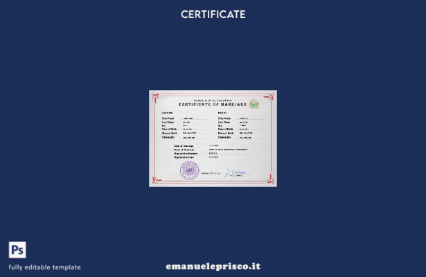 modello PSD di certificato di matrimonio El Salvador in stile verificato