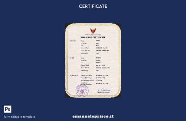 modello PSD di certificato di matrimonio tailandese in stile verificato