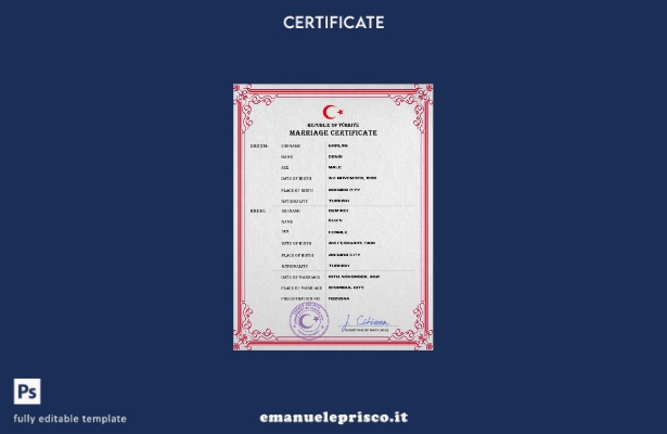 modello PSD di certificato di matrimonio turco in stile verificato