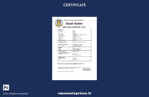 modello Word e PDF del certificato di morte dello stato di stato civile del Sud