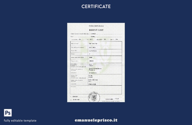 modello completamente modificabile del certificato di nascita ceco in stile veri