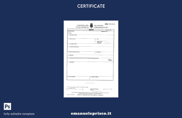 modello di certificato di morte del registro generale inglese di Londra in stile