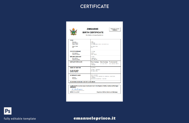 stile verificato Certificato di nascita dello Zimbabwe Modello Word e PDF