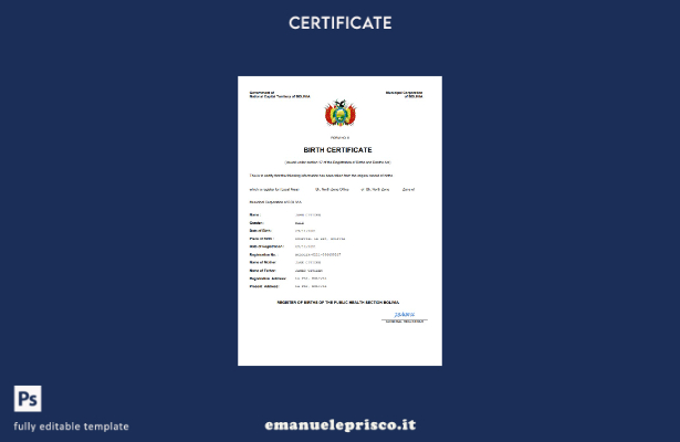 stile verificato Certificato di nascita dello stato civile della Bolivia Modello