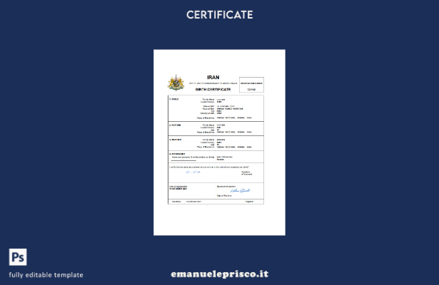stile verificato Certificato di nascita dello stato civile iraniano Modello Word