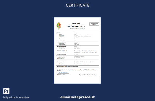 stile verificato Certificato di nascita dello stato di stato dell'Etiopia Modell
