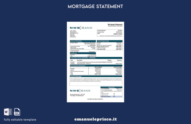 stile verificato Estratto conto ipotecario bancario olandese NWB Modello Word e