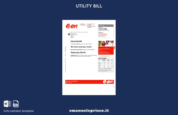 modello di versione della bolletta delle utenze E.ON del Regno Unito in stile 1